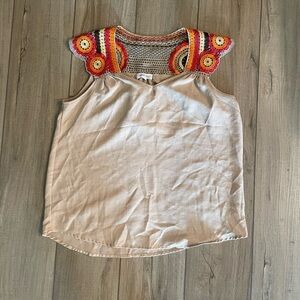 Hailey & Co Boxy Sleeveless Beige Crochet Top